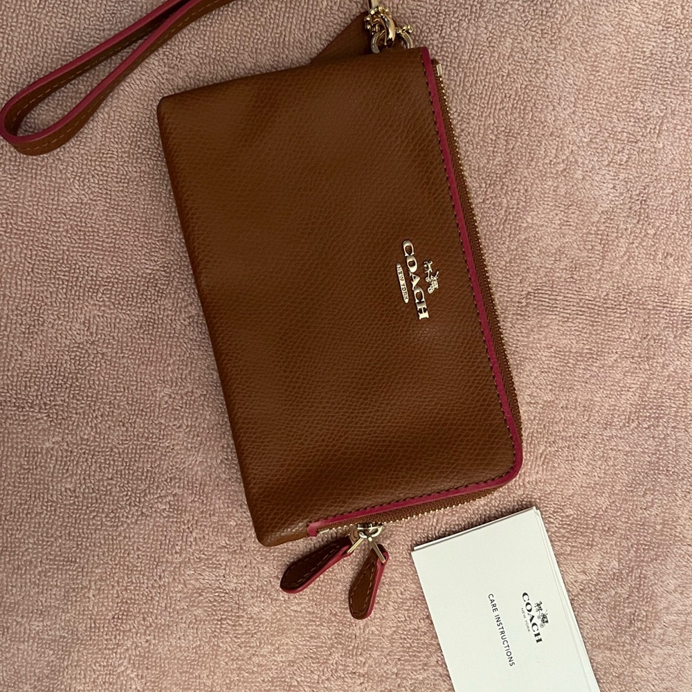 Coach Brown Wristlet with Pink Accents